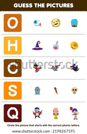 Education game for children guess the correct picture for phonic word that starts with letter O H C S and Q printable halloween worksheet Stock fotó © 
