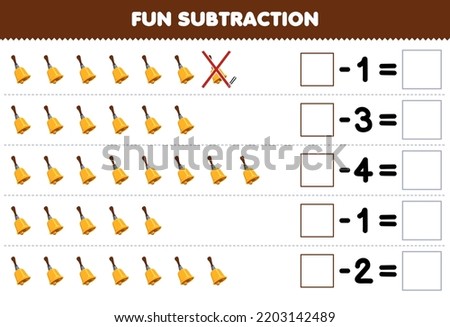 Education game for children fun subtraction by counting cartoon bell in each row and eliminating it printable music instrument worksheet