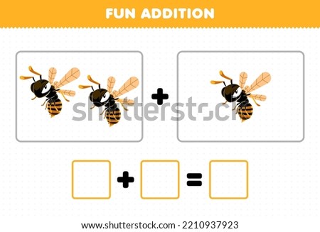 Education game for children fun addition by counting cute cartoon bee wasp pictures printable bug worksheet