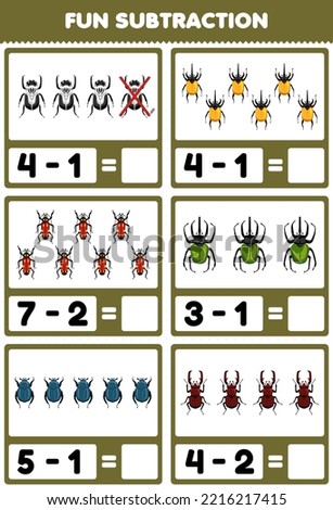 Education game for children fun subtraction by counting and eliminating cute cartoon beetle printable bug worksheet