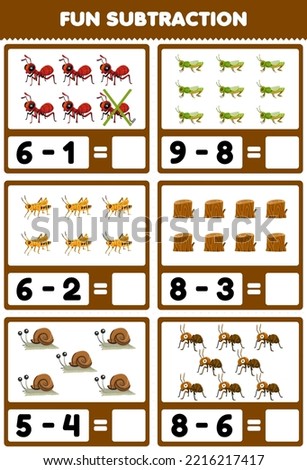 Education game for children fun subtraction by counting and eliminating cute cartoon ant grasshopper wood log snail printable bug worksheet