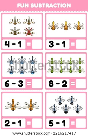 Education game for children fun subtraction by counting and eliminating cute cartoon dragonfly printable bug worksheet
