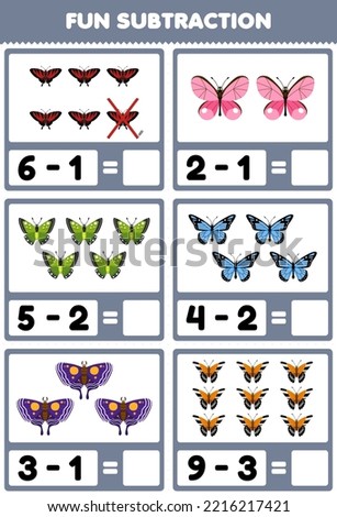 Education game for children fun subtraction by counting and eliminating cute cartoon butterfly printable bug worksheet