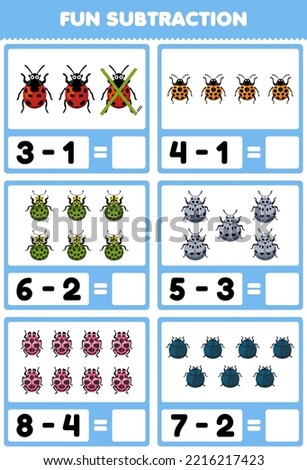 Education game for children fun subtraction by counting and eliminating cute cartoon ladybug printable bug worksheet