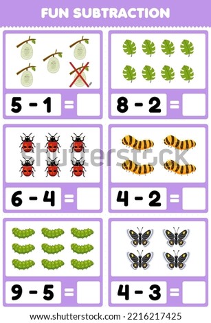 Education game for children fun subtraction by counting and eliminating cute cartoon cocoon leaf ladybug silkworm caterpillar butterfly printable bug worksheet