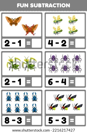 Education game for children fun subtraction by counting and eliminating cute cartoon moth dragonfly mantis spider beetle firefly printable bug worksheet