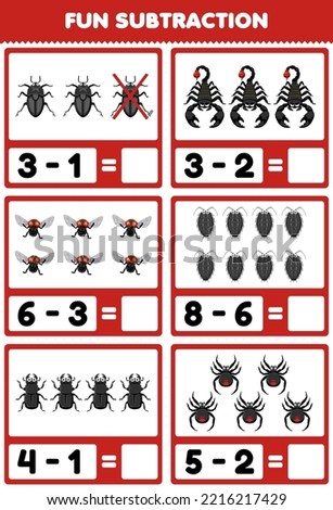 Education game for children fun subtraction by counting and eliminating cute cartoon cockroach scorpion fly louse beetle spider printable bug worksheet