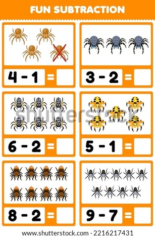 Education game for children fun subtraction by counting and eliminating cute cartoon spider printable bug worksheet