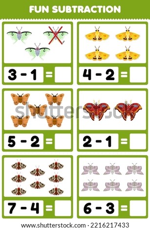 Education game for children fun subtraction by counting and eliminating cute cartoon moth printable bug worksheet