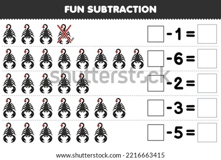 Education game for children fun subtraction by counting cute cartoon scorpion in each row and eliminating it printable bug worksheet