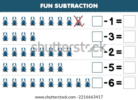 Education game for children fun subtraction by counting cute cartoon beetle in each row and eliminating it printable bug worksheet