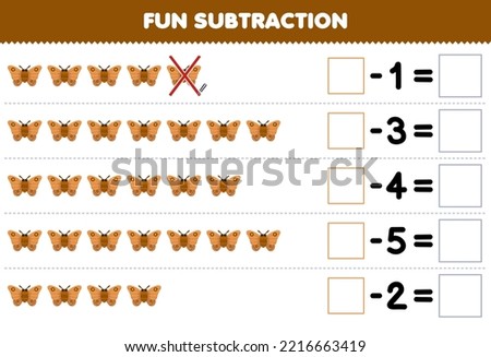 Education game for children fun subtraction by counting cute cartoon moth in each row and eliminating it printable bug worksheet