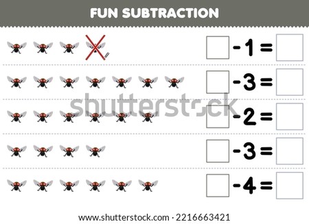 Education game for children fun subtraction by counting cute cartoon fly in each row and eliminating it printable bug worksheet