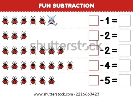 Education game for children fun subtraction by counting cute cartoon ladybug in each row and eliminating it printable bug worksheet