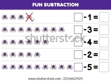 Education game for children fun subtraction by counting cute cartoon spider in each row and eliminating it printable bug worksheet