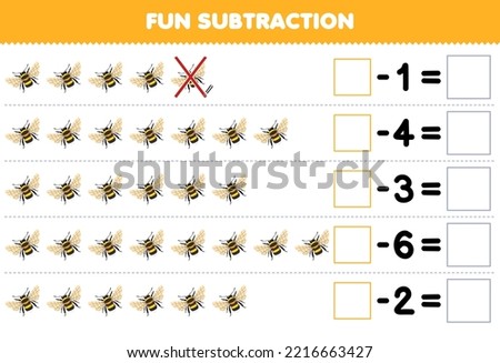 Education game for children fun subtraction by counting cute cartoon bee in each row and eliminating it printable bug worksheet