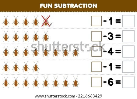 Education game for children fun subtraction by counting cute cartoon cockroach in each row and eliminating it printable bug worksheet