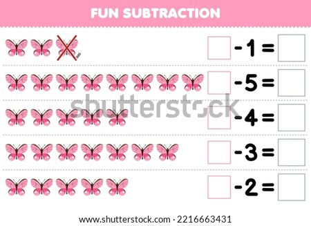 Education game for children fun subtraction by counting cute cartoon butterfly in each row and eliminating it printable bug worksheet