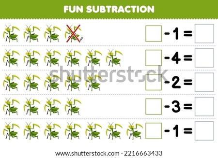 Education game for children fun subtraction by counting cute cartoon mantis in each row and eliminating it printable bug worksheet