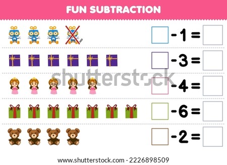 Education game for children fun subtraction by counting cute cartoon toy gift box each row and eliminating it printable winter worksheet