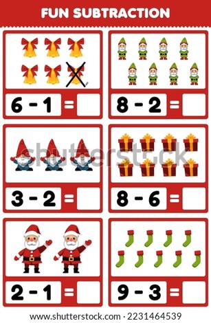 Education game for children fun subtraction by counting and eliminating cute cartoon bell gnome gift box santa sock printable winter worksheet
