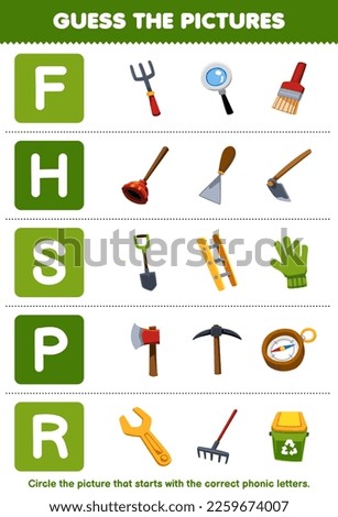 Education game for children guess the correct picture for phonic word that starts with letter F H S P and R printable tool worksheet Stock fotó © 