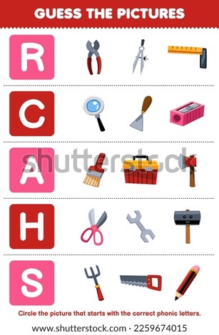 Education game for children guess the correct picture for phonic word that starts with letter R C A H and S printable tool worksheet Stock fotó © 