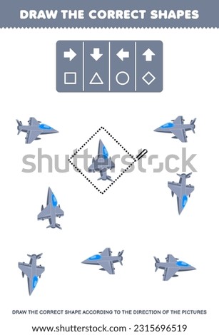 Education game for children draw the correct shape according to the direction of cute cartoon jet fighter pictures printable transportation worksheet