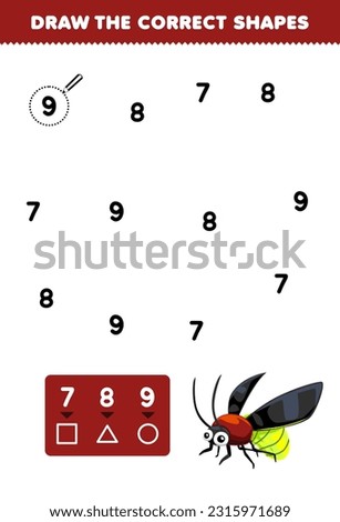 Education game for children help cute cartoon firefly draw the correct shapes according to the number printable bug worksheet