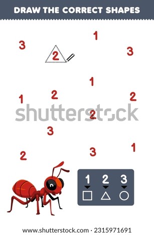 Education game for children help cute cartoon ant draw the correct shapes according to the number printable bug worksheet