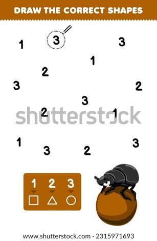 Education game for children help cute cartoon dung beetle draw the correct shapes according to the number printable bug worksheet