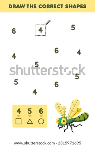 Education game for children help cute cartoon dragonfly draw the correct shapes according to the number printable bug worksheet