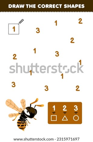 Education game for children help cute cartoon bee draw the correct shapes according to the number printable bug worksheet
