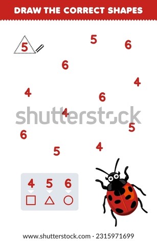 Education game for children help cute cartoon ladybug draw the correct shapes according to the number printable bug worksheet