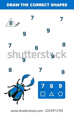 Education game for children help cute cartoon stag beetle draw the correct shapes according to the number printable bug worksheet