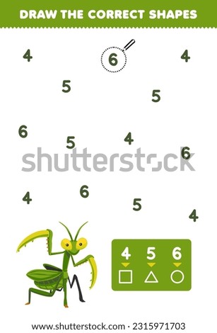 Education game for children help cute cartoon mantis draw the correct shapes according to the number printable bug worksheet