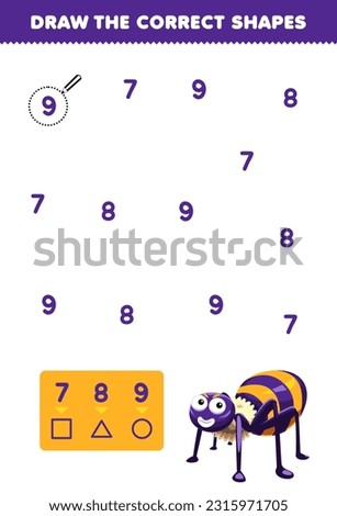 Education game for children help cute cartoon spider draw the correct shapes according to the number printable bug worksheet