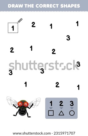 Education game for children help cute cartoon fly draw the correct shapes according to the number printable bug worksheet