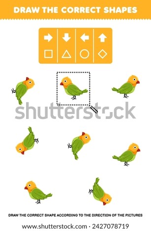 Game for children draw the correct shape according to the direction of a cute bird pet worksheet