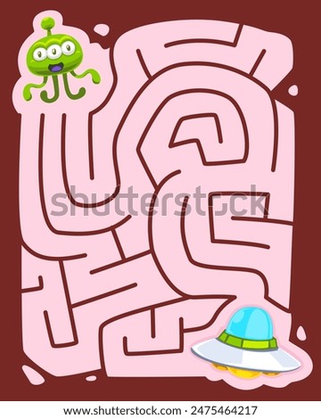 Maze for children with cute cartoon alien move to the UFO solar system worksheet