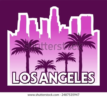 Los Angeles California with purple sky and palm tree silhouettes