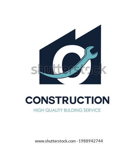 O Initial Letter for Flat Minimalist Modern Construction Logo Design. Simple renovation business logo with wrench equipment tool. Building repair and maintenance brand