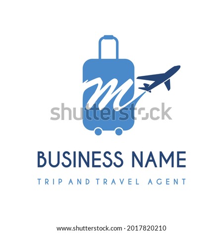 Initial Letter M with Suitcase Bag and Air Plane for Travel and Trip Agent Business Logo Idea. Recreation, Voyage, Vacation, Transport Service Company Logo Design Concept