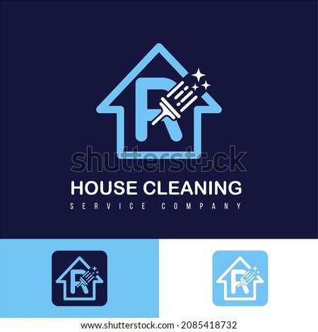 Modern Simple Cleaning Service, House Care and Maintenance Business Logo Design Idea with Initial R Letter on Home and Brush Sparkling Stock foto © 