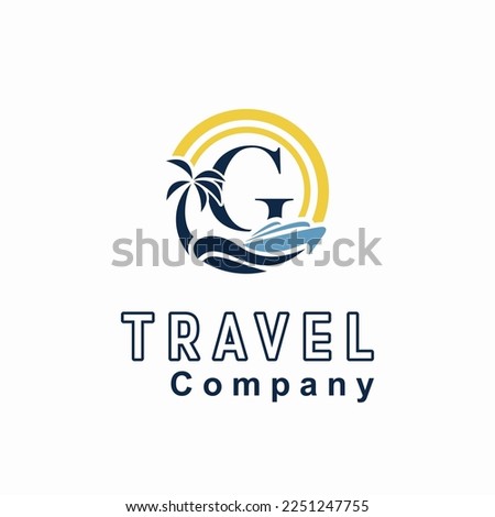 Initial G Letter With Coconut Palm Tree, Marine Ship, Sun Icon for Travel Guide Business Logo Idea Template