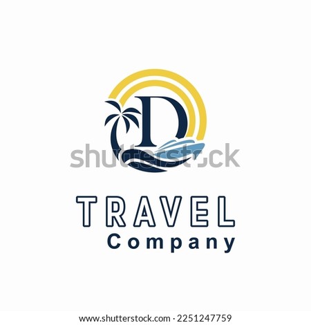 Initial D Letter With Coconut Palm Tree, Marine Ship, Sun Icon for Travel Guide Business Logo Idea Template