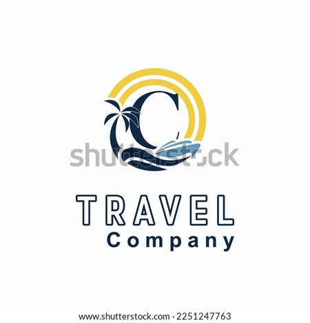 Initial C Letter With Coconut Palm Tree, Marine Ship, Sun Icon for Travel Guide Business Logo Idea Template