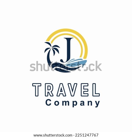 Initial J Letter With Coconut Palm Tree, Marine Ship, Sun Icon for Travel Guide Business Logo Idea Template