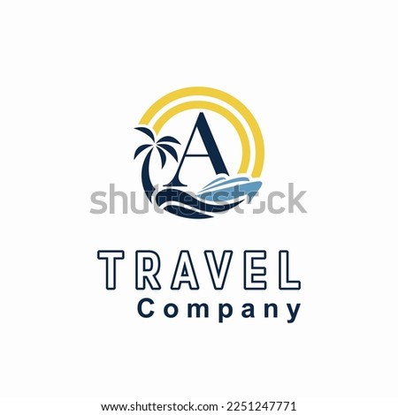 Initial A Letter With Coconut Palm Tree, Marine Ship, Sun Icon for Travel Guide Business Logo Idea Template