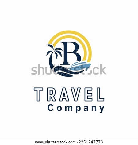 Initial B Letter With Coconut Palm Tree, Marine Ship, Sun Icon for Travel Guide Business Logo Idea Template